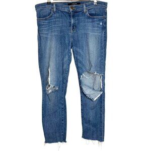 J. Brand Distressed Mid Rise Raw Hem Skinny Denim Blue Jeans Women's Size 32